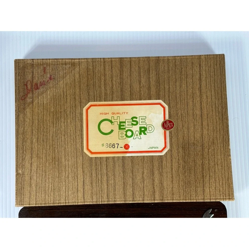 Vintage 1970s Wooden Cheese‎ Board Knife Ceramic Tile Metal Tray Never Used NIB